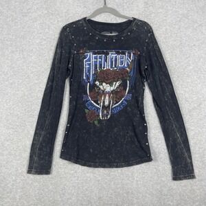 Affliction Studded Graphic Cow Skull Floral Top Womens M Western Boho Edgy Rock